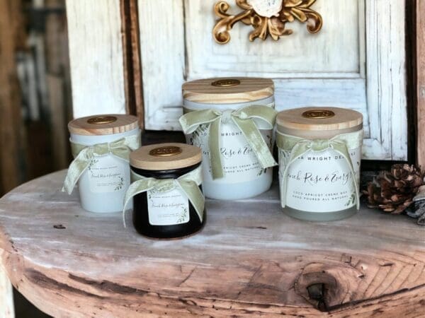 Scented candles with wooden wicks by Donna Wright Designs in French Rose & Evergreen. The best complex fragrance combination!