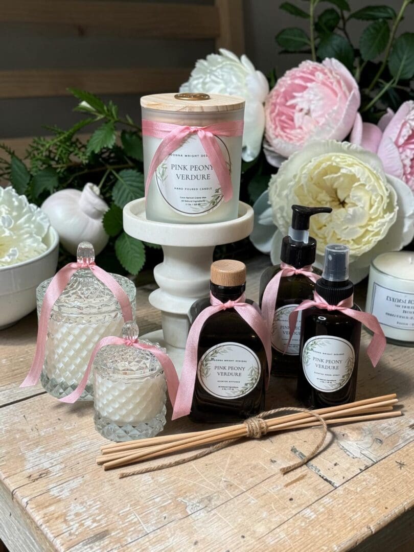 Luxury pink peony candles with wooden wicks hand-poured in Houston TX & home fragrances by Donna Wright Designs
