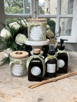 Luxury French Rose & Evergreen candles with wooden wick & home fragrances hand-poured in Houston TX by Donna Wright Designs