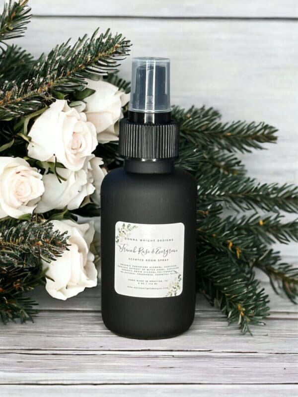 Luxury scented room spray by Donna Wright Designs in French Rose & Evergreen fragrance handmade in a beautiful frosted olive-colored bottle 4 oz.