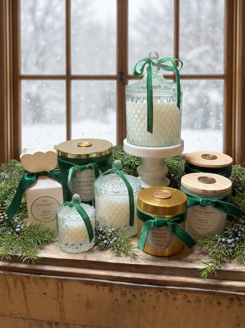 Assorted candles in decorative glass and metal jars with green ribbons are arranged on a wooden table accented with evergreen sprigs and complemented by the luxurious Noble Fir & Juniper Reed Diffuser, set in front of a snowy window.