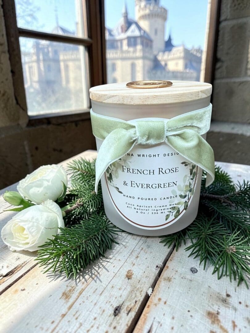 A bottle of French Rose & Evergreen Hand Soap adorned with a green bow rests on a rustic table alongside white roses and evergreen sprigs. The elegant setting is complemented by a view of a castle just outside the window, infusing the scene with timeless charm.