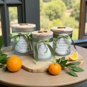 Luxury olive leaves and neroli candles with wooden wicks by Donna Wright Designs