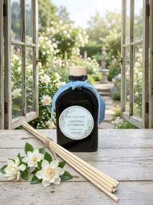 A dark bottle labeled “Gardenia & Tuberose Reed Diffuser” rests on a wooden table alongside reed sticks and gardenia blossoms, set before open windows framing a blooming garden—perfectly capturing the essence of the Gardenia & Tuberose Reed Diffuser for your home.
