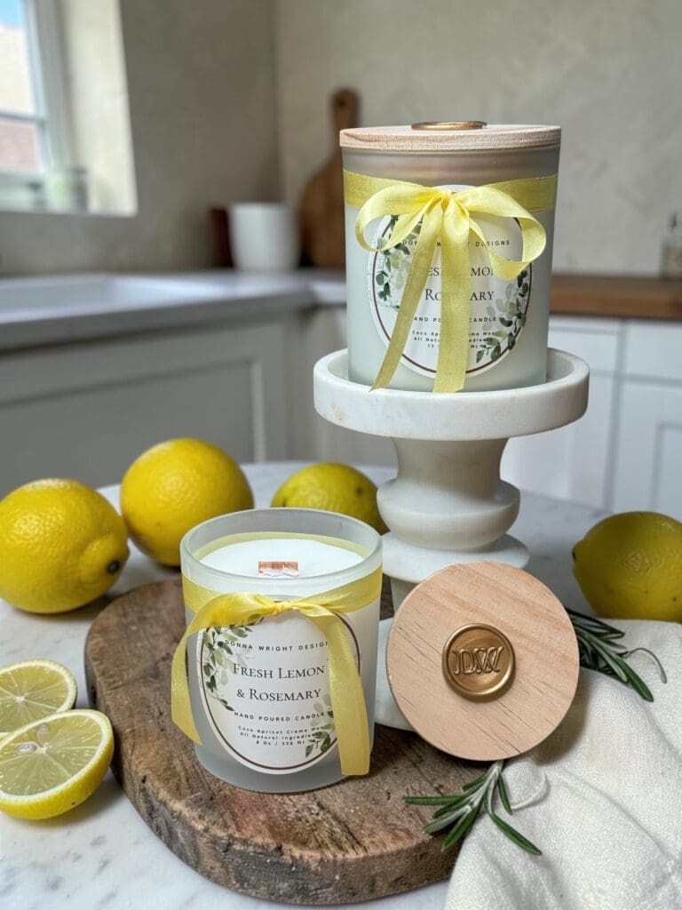 Close-up of lemon rosemary candle with wooden wick and smooth wax on marble background.