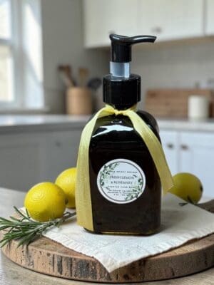 Luxury lemon rosemary hand soap on marble with linen, lemons and rosemary sprig