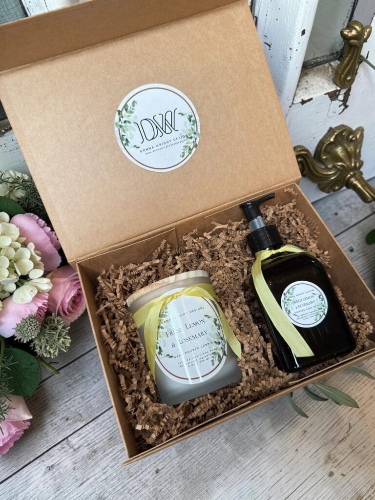 Mother's Day gift box with candle and hand soap in craft box with satin ribbon