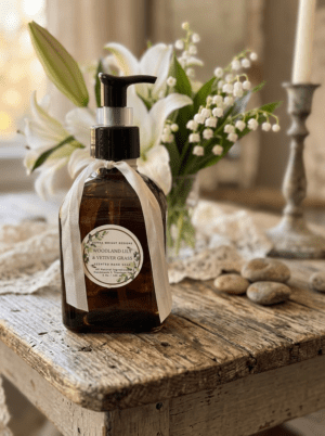 The Woodland Lily & Vetiver Grass Hand Soap in a brown glass dispenser with a white ribbon sits on a rustic wooden table, with white lilies, woodland lily, and lily of the valley flowers in the background.