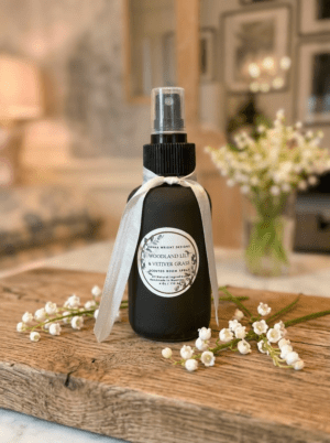 A dark spray bottle of Woodland Lily & Vetiver Grass Hand Soap with a white ribbon sits on rustic wood, surrounded by small white flowers. A cozy, blurred room appears in the background.