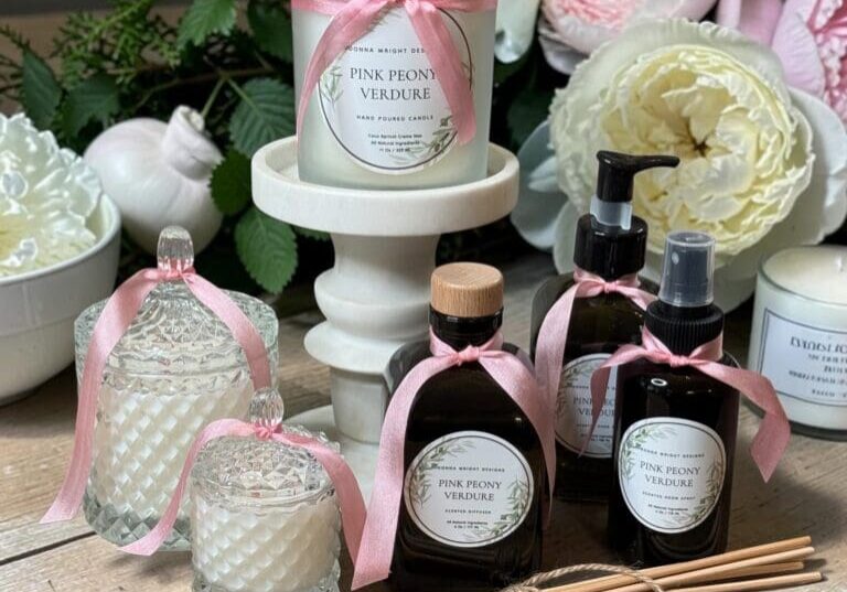 Luxury pink peony candles with wooden wicks hand-poured in Houston TX & home fragrances by Donna Wright Designs