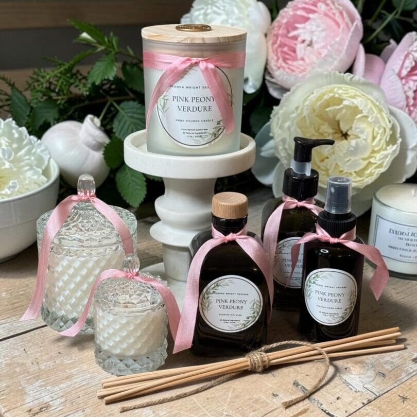 Luxury pink peony candles with wooden wicks hand-poured in Houston TX & home fragrances by Donna Wright Designs